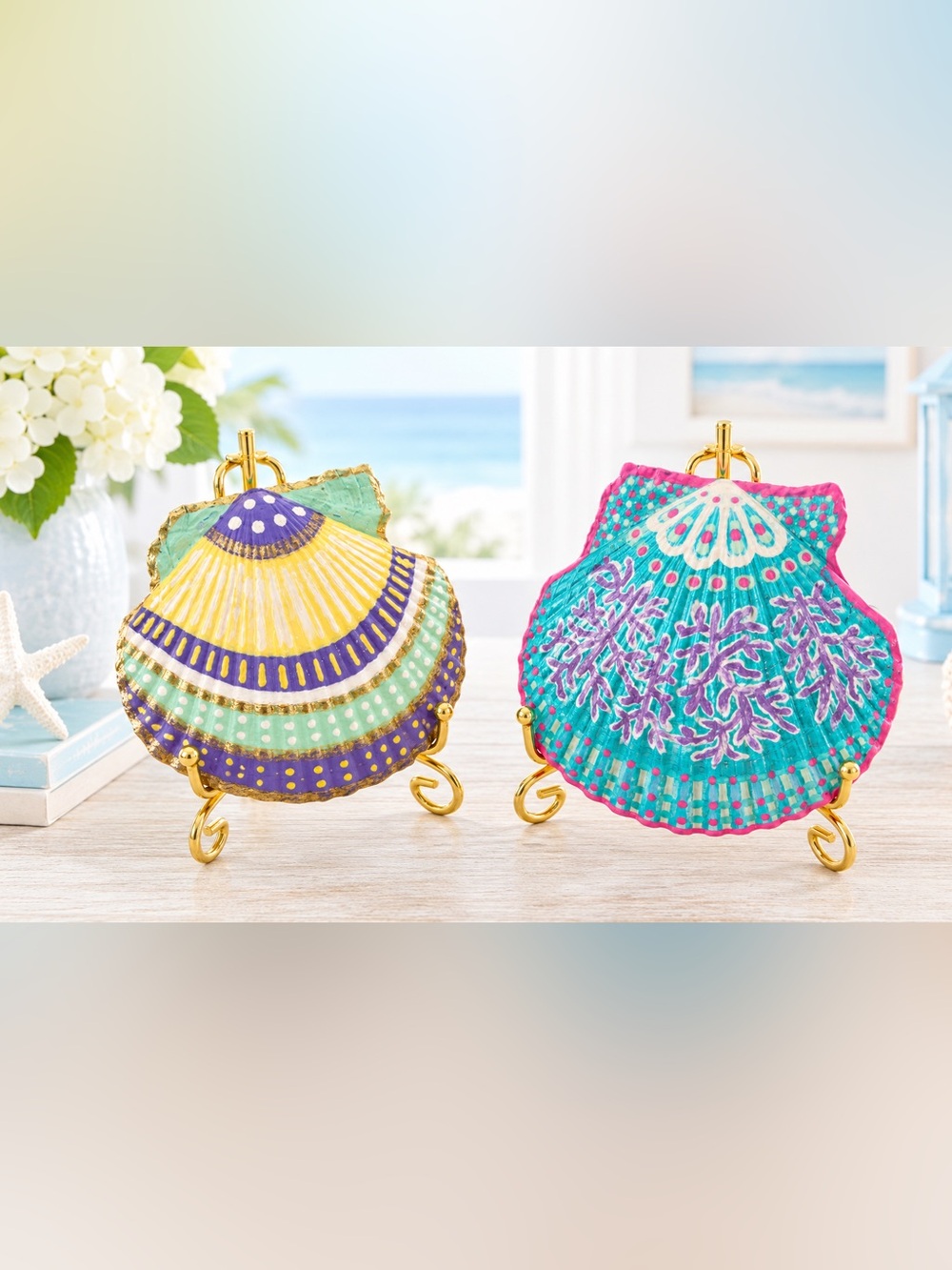 Handpainted Turquoise and Yellow Decorative Sea Shell